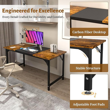 AZN Computer Desk, 47in Computer Desk, Gaming Office Desk w/Carbon Fiber Tabletop, Gaming Office Desk w/Sturdy Metal Frame, Home Office Desks w/Large Legroom for Game Work Study Writing,RusticBrown
