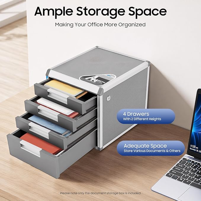 Desk Organizer with 4 Drawers, Metal Desktop Storage Cabinet File Holder with Locks and Keys, Filing Case Literature Organizer for Office Home, L12.4*D13.8*H11.7in, Silver & Grey