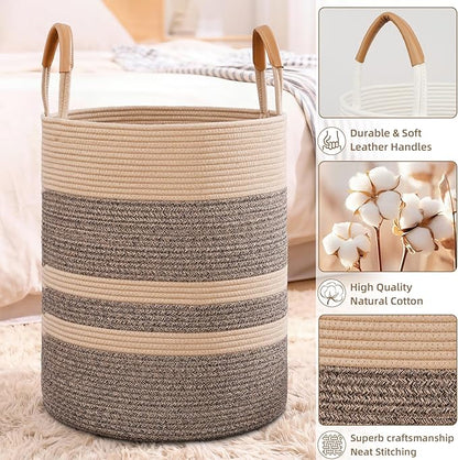 Degeyoyo 75L Striped Laundry Basket, Dark Brown Laundry Hamper with Leather Handles, Woven Cotton Rope Storage Bin for Blankets, Nursery Hamper for Clothes, Toys In Bathroom, Livingroom, Bedroom
