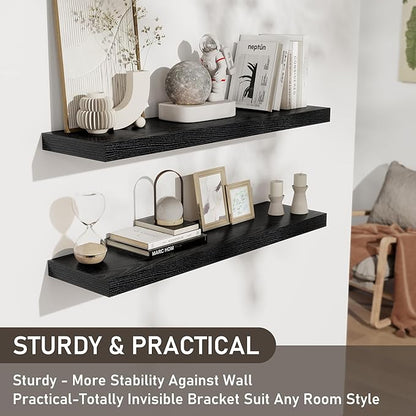 Fun Memories 36 Inch Floating Shelves, Wall Shelves Set of 2 for Bathroom/Living Room/Bedroom/Kitchen, Black Floating Shelf for Wall Decor with Invisible Brackets