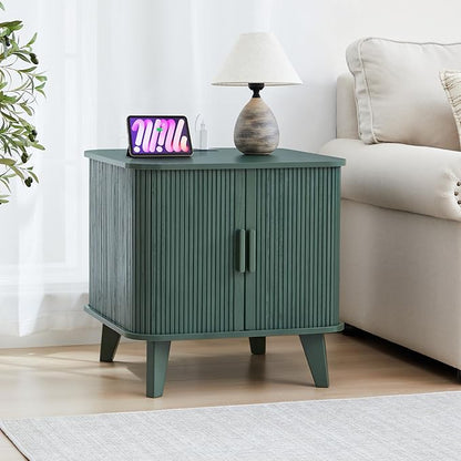 24" Large Fluted End Table with Charging Station, Farmhouse Sofa Side Table with Sliding Tambour Door & Storage, Curved Rustic Wood Nightstand for Living Room, Bedroom, Green