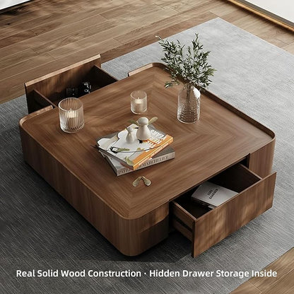 Luxury Wood Coffee Table with Hidden Drawer, Easy Installation Square Center Table for Living Room, Raised Edge Design, Premium Walnut Finish (39.37" Square Coffee Table)