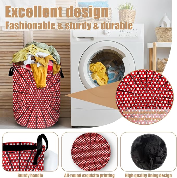 Red Spider Web Laundry Basket, Foldable Waterproof Halloween Laundry Hamper Tote Bag Dirty Clothes Storage Bucket Toy Organizer for Bathroom/Laundry/Bedroom 15.7"x19.6"