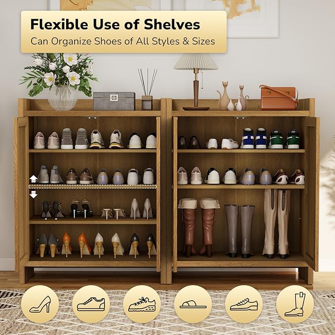 Boho 2 Doors Shoe Storage Cabinet for Entryway, Farmhouse Wooden Shoe Organizer for Front Door Entrance Hallway, Zapatero Organizador Rattan Shoes Cabinet (Oak, 2 Doors, 2 PCS)