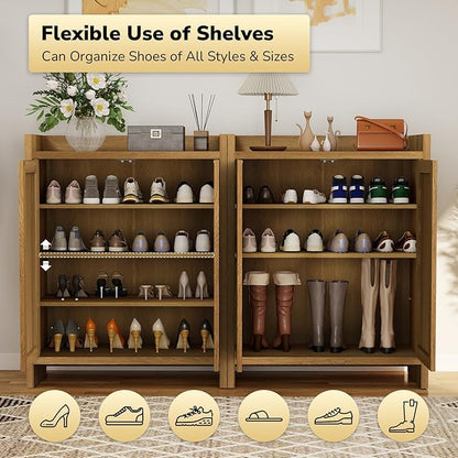 Boho 2 Doors Shoe Storage Cabinet for Entryway, Farmhouse Wooden Shoe Organizer for Front Door Entrance Hallway, Zapatero Organizador Rattan Shoes Cabinet (Oak, 2 Doors, 2 PCS)