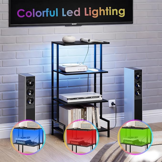 Arbuxzuy 4-Tier AV Media Stand with Power Outlet and LED Lights,Wooden Stereo Stand Cabinet,Game Console Shelf for Small Space,Audio Rack Stand Tower Ideal for Video DVD Players,Xbox