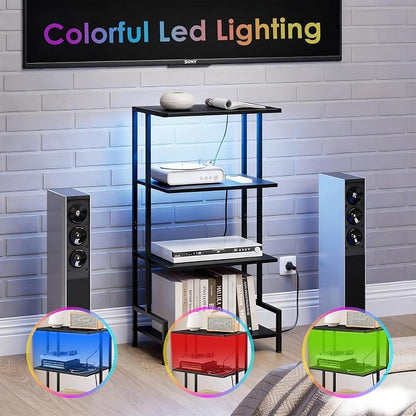 Arbuxzuy 4-Tier AV Media Stand with Power Outlet and LED Lights,Wooden Stereo Stand Cabinet,Game Console Shelf for Small Space,Audio Rack Stand Tower Ideal for Video DVD Players,Xbox
