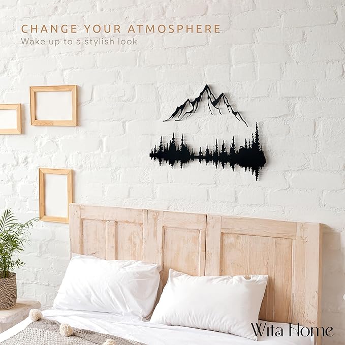 Wita Home Mountain and Forest Metal Wall Art, Wall Mounted Mountain Home Decor, Pine Trees Wall Art for Living Room, Bedroom or Office, Large Outdoor Wall Decor, Nature Christmas Decor (Black, 24x16 inches)