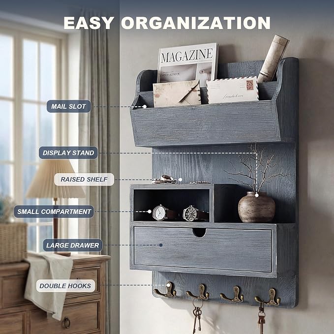 Rebee Vision Pine Wood Key Holder Wall Mount for Home Decor – Key Holder for Wall with Slanted Mail Slot Place the Magazine – Retro Mail Organizer for Apartment Essentials (Royal Blue)