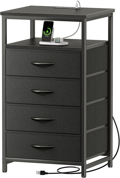Huuger Night Stand with Charging Station, 4 Drawer Dresser for Bedroom, Bedside Table, 33.9 Inch Tall Nightstand with Open Shelf, End Table, for Closet, Entryway, Bedroom, Black