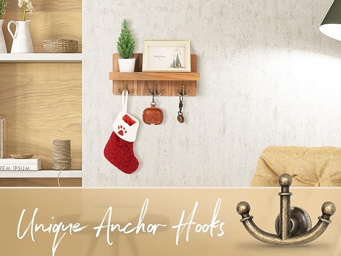 Rebee Vision Farmhouse Key Holder for Wall: Decorative Small Mail Organizer with Shelf and Rustic Mail Holder with 3 Anchor Key Hooks - Retro Home Decor Wall Mount for Entryway, Hallway (Light Brown)