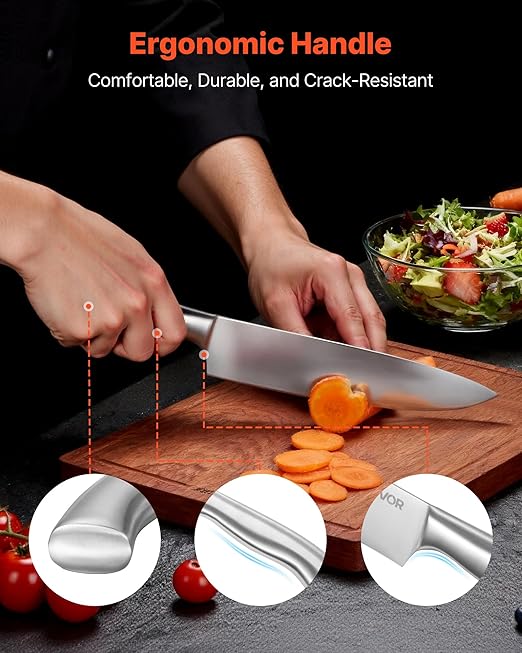 VEVOR Kitchen Knife Set with Block and Sharpener, 15 Piece German High Carbon Stainless Steel Sharp Knife Set, Kitchen Cutlery with Ergonomic Handle, Sharpening Rod and Wooden Block, for Home Cooks