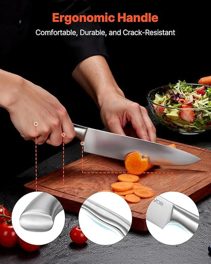 VEVOR Kitchen Knife Set with Block and Sharpener, 15 Piece German High Carbon Stainless Steel Sharp Knife Set, Kitchen Cutlery with Ergonomic Handle, Sharpening Rod and Wooden Block, for Home Cooks