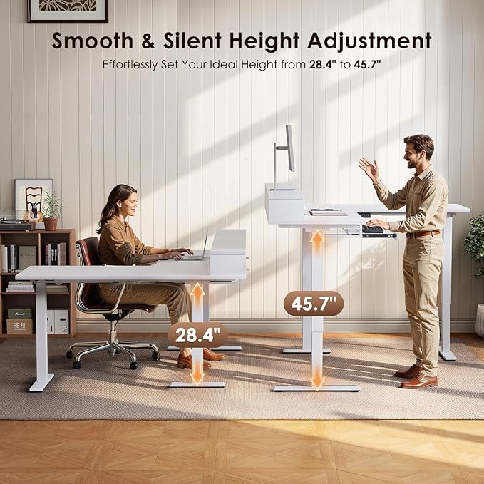 OffiGo 59 Inch L Shaped Electric Standing Desk with Drawers, Height Adjustable Corner Computer Desk with Keyboard Tray & Monitor Stand, Stand Up Table for Home Office Workstation, White
