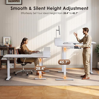 OffiGo 59 Inch L Shaped Electric Standing Desk with Drawers, Height Adjustable Corner Computer Desk with Keyboard Tray & Monitor Stand, Stand Up Table for Home Office Workstation, White