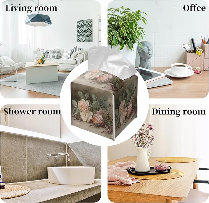 Grace Yonks Retro Tissue Box Cover Square - Vintage Garden Roses Design 5.2" PU Leather Holder for Vanity, Desk, or Bathroom Counter - Cube Case for Facial Tissues. (115)