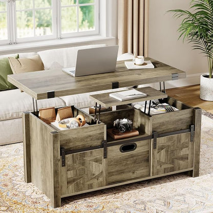 Memobarco 40" Farmhouse Lift Top Coffee Table with Sliding Barn Door,4 in 1 Multi-Function Coffee Tables with Storage Drawers & Hidden Compartment,Converts to Dining Table for Living Room,Grey