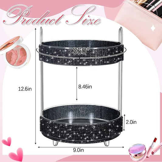 Honeydak 360 Rotating Perfume Organizer Gift for Women, Rhinestone Preppy Skincare Organizer Bathroom Counter Makeup Holder Skincare and Perfume Storage for Cosmetic(2 Tiers,Resin Diamond,Black)