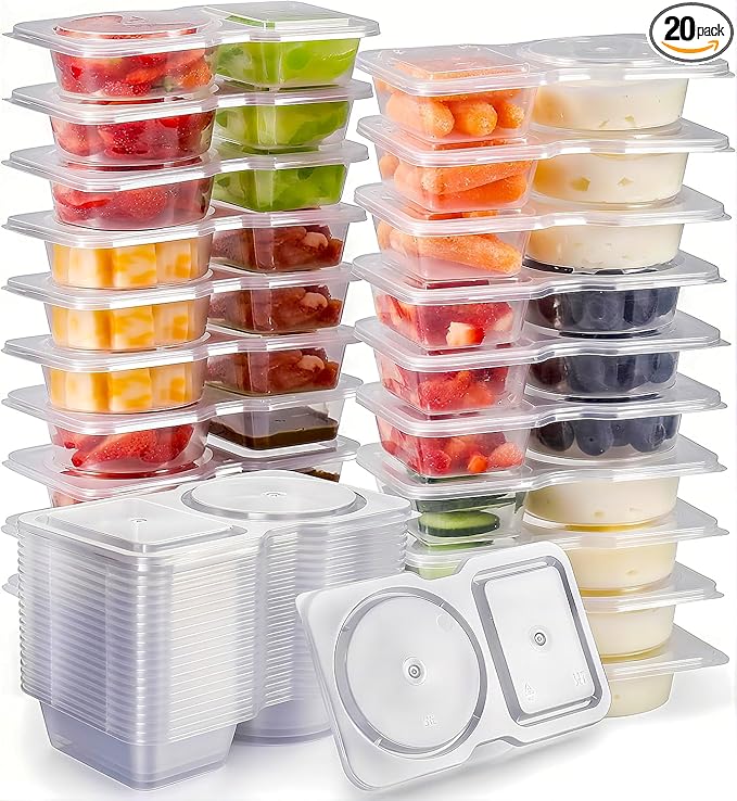 Reusable Snack Containers with Lids: Snack Pack Containers 20Pcs - Snackle Box Container Portion Control - Meal Prep Containers - Double Compartment Snack Containers for Travel - Camping Essentials