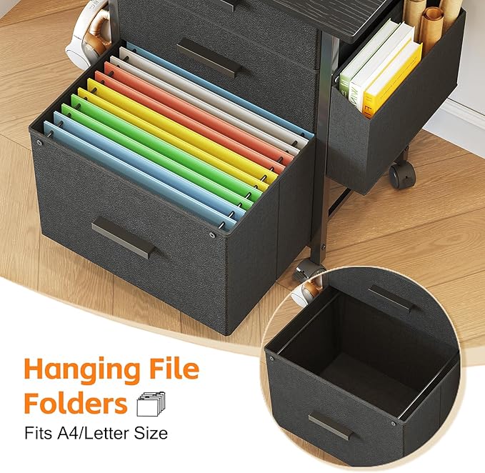Mexin 3 Drawer File Cabinet with 22'' Extended Desktop, Mobile Filing Cabinet, Printer Stand, Rolling Printer Stand with Side Bag, Fabric Drawer, Fits A4 Size, Home Office, Black