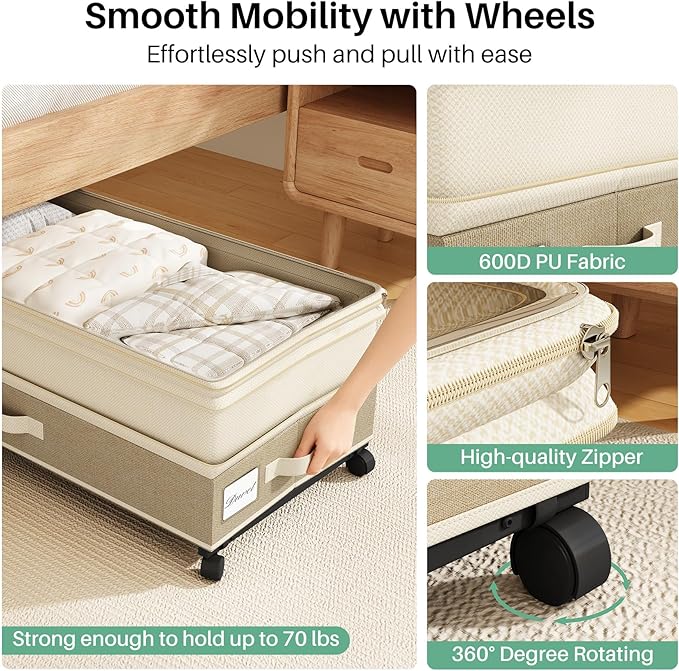 Kitstorack 4 Pack Height-adjustable Under Bed Storage with Wheels, Under Bed Storage Containers,Under Bed Shoe Storage Organizer with Clear Window&Label, Suitable for Clothes Storage, Beige & Linen
