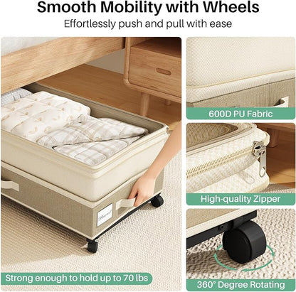 Kitstorack 2Pack Height-adjustable Under Bed Storage with Wheels, Under Bed Storage Containers,Under Bed Shoe Storage Organizer with Clear Window&Label, Suitable for Clothes Storage, Beige & Linen