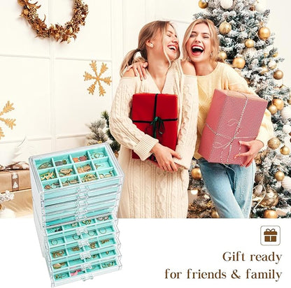 ProCase Earring Holder Organizer Jewelry Box with 10 Drawers, Acrylic Clear Earring Case with Adjustable Velvet Trays for Women - Aqua,10 Layers