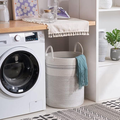 YOUDENOVA Woven Rope Laundry Hamper Basket, 58L Tall Luandry Basket, Baby Nursery Hamper for Blanket Storage, Clothes Hamper for Laundry in Bedroom-Large-Stripe White