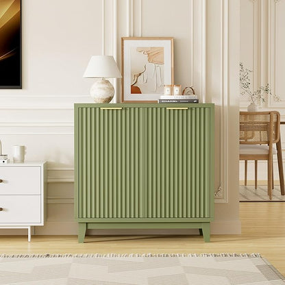 Fluted Cabinet with Storage, 2 Doors Sideboard Buffet, Mid Century Modern Accent Cabinet with Adjustable Shelves, Multifunctional Console Table with Storage for Living Room, Kitchen, Entryway, Green