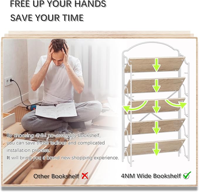 4NM No Assembly Extra Wide Folding Bookshelf for Living Room, 5 Tiers Collapsible Book Shelves Open Industrial Foldable Bookcase Storage Shelf for Home Office - Cloud Oak