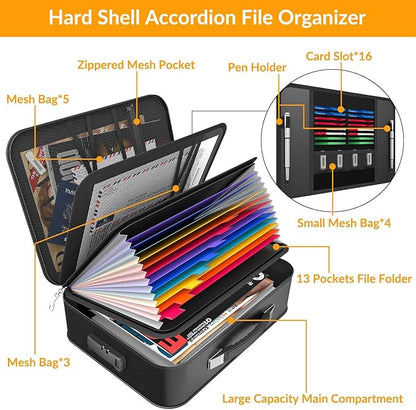 onvvippiv Hard Case Fireproof Document Box, Important File Organizer with Lock Waterproof Zipper, Portable Home Office Travel Storage Accordion Folder for Letter A4 Laptop Files