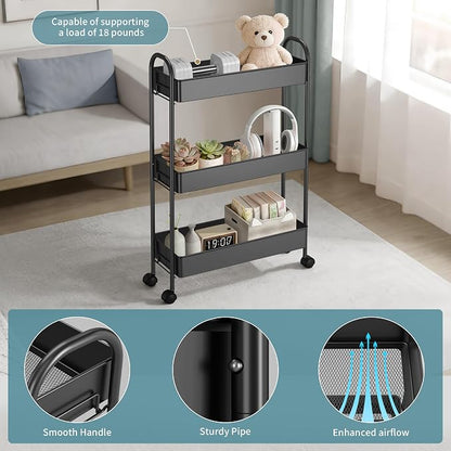 Slim Rolling Cart, Metal Frame Utility Rolling 3-Tier Narrow Storage Cart with Handle Kitchen Storage Organizer, Mobile Shelving Unit for Bathroom Kitchen