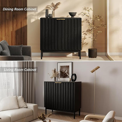 Fluted Cabinet with Storage, Buffet Cabinet Sideborad with 2 Doors, Black Buffet Storage Accent Cabinets with Adjustable Shelves for Living Room, Entry, Hallway, Kitchen