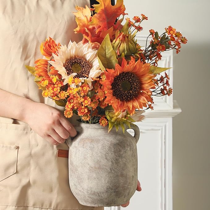 Ceramic Flower Vase Home Decor - Farmhouse Rustic Table Vases with Handle Living Room Decoration Decorative Vintage Pottery for Kitchen Shelf Coffee Dining Bookshelf Fireplace Centerpiece (7.6" Retro)