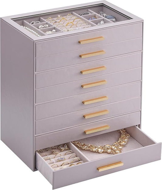 Lolalet Jewelry Box Organizer, 8-Layer Jewelry Organizers and Storage Case with Glass Lid, Ring Earring Bracelet Necklace Holder Organizer, Birthday Valentine Gifts for Women Girls -8Layer, HazePurple