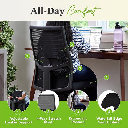HON Ignition 2.0 Armless Office Chair, Ergonomic Adjustable Tilt, Swivel Wheels, Comfy for Long Hours, Home Office Desk Chairs, Black