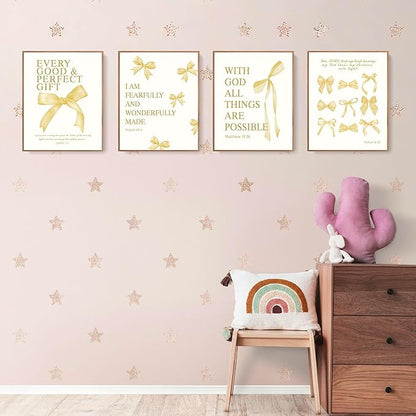 LARTSFRO Coquette Yellow Bow Wall Art Decor Posters, Butter Yellow Bow Room Bedroom Bathroom Dorm Wall Art Decor Aesthetic for College Teen Girls Gifts, Inspirational Bible Verses Bow Wall Decor, 10x8 Inch Set of 4 Pcs Bow Pictures (UNFRAMED)