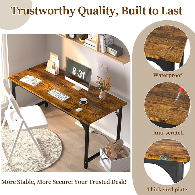 AZN Computer Desk, 55in Computer Desk, Office Desk w/Metal Frame, Office Desk w/Water-Resistant, Scratchproof Surface, Home Office Desks w/Large Legroom for Work Study Writing Gaming, Rustic Brown
