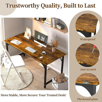 AZN Computer Desk, 55in Computer Desk, Office Desk w/Metal Frame, Office Desk w/Water-Resistant, Scratchproof Surface, Home Office Desks w/Large Legroom for Work Study Writing Gaming, Rustic Brown