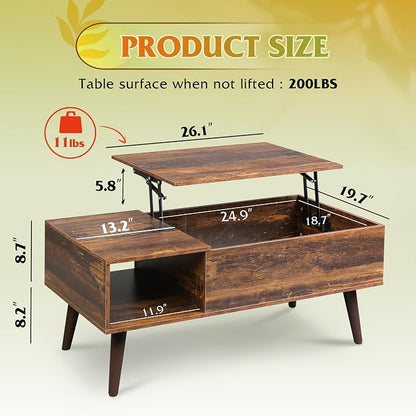 WLIVE Coffee Table with Storage & Lifting Top for Living Room, 21" Small Lift Top for Small Space Apartment, 31" Wooden Multifunctional Coffee & Dining Center Table for Home Office Work, Rustic Brown