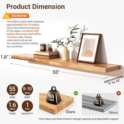 fuqing Live Edge Floating Shelves for Wall 55 Inch - Solid Elm Wood Floating Shelves Wall Mounted - 9 Inch Deep Rustic Natural Wooden Wall Shelves with Heavy Duty Brackets and Anchors