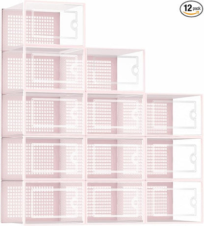 Kuject Shoe Organizers Storage Boxes for Closet, 12 Pack Clear Plastic Stackable Storage Bins with Lids, Under Bed Shoe Containers for Entryway, Drop Front, Fit up to Women's Size 10,Pink | Shoe organizers for closet & entryway, under-bed,Drop-front de...