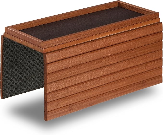 DETOR Couch Arm Tray with Anti-Slip Leather Pad, Sturdy Bamboo Slats, Fits Armrests 5.5" and Wider, Acacia Stained