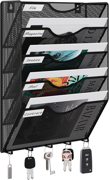 EasyPAG 5 Pocket Mesh Wall File Organizer with Key Hooks, Hanging Paper Folder Holder with Classify Label, Vertical Wall Mount Mail Organizer for Office Home Classroom, Black