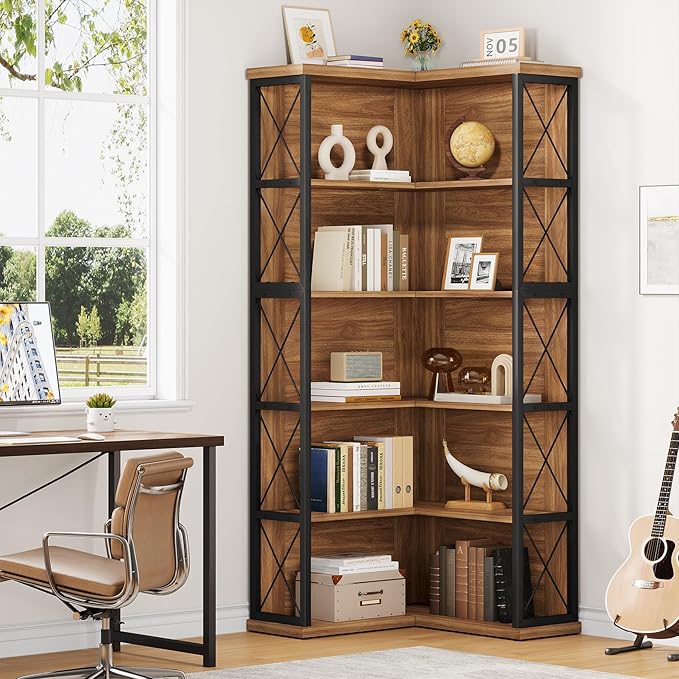 Condemo 5-Tier L Shaped Bookshelf, Vintage Industrial Corner Bookcase, Large Tall Storage Shelves Display Rack with Metal Frame for Living Room, Home Office, Bedroom, Light Brown