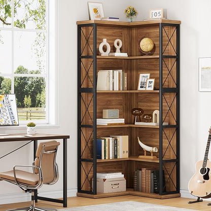 Condemo 5-Tier L Shaped Bookshelf, Vintage Industrial Corner Bookcase, Large Tall Storage Shelves Display Rack with Metal Frame for Living Room, Home Office, Bedroom, Light Brown