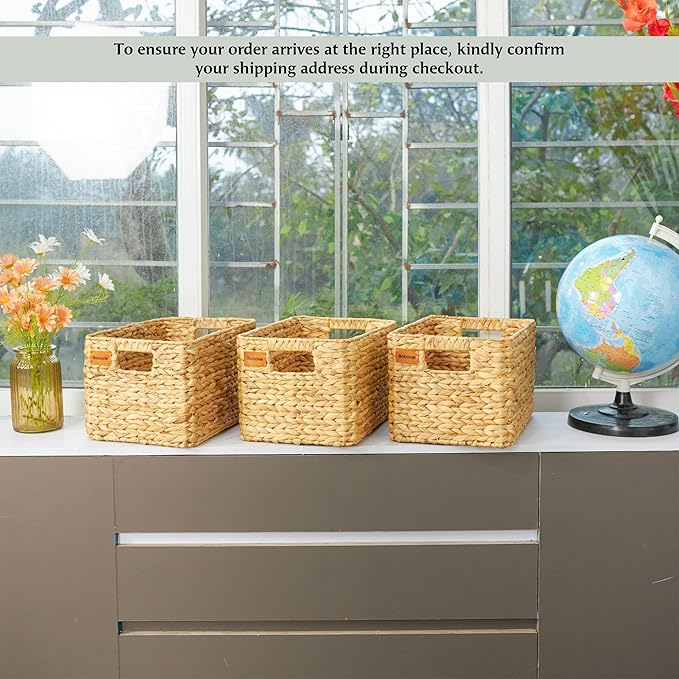Large Wicker Storage Baskets, Set of 3, Water Hyacinth Basket Organizer, 14.2x10.2x8.7H Inches -Great Storage Solution for Shelf and Pantry Storage