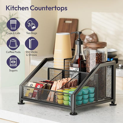 SWTYMIKI Coffee Bar Organizer for Countertop – Space-Saving Kcup Organizer with Tiered Shelves, Coffee Station for Pods, Sugar, Syrup, Cups, Stirrers, Condiment Organizer Storage