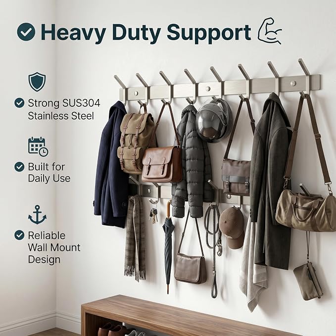 Coat Rack Wall Mount – Brushed Nickel 24 Inch Stainless Steel Hook Rail with 8 Heavy Duty Double Coat Hooks – Wall Mounted Coat Hanger for Entryway, Bathroom, Bedroom, Towel, Hat Organizer