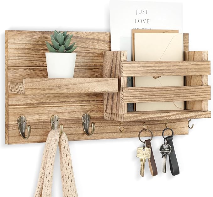 Lwenki Mail Organizer for Wall Mount – Key Holder with Shelf Includes Letter Holder and Hooks for Coats, Dog Leashes – Rustic Wood with Flush Mounting Hardware (16.5” x 8.7” x 3.5”) (Wood)